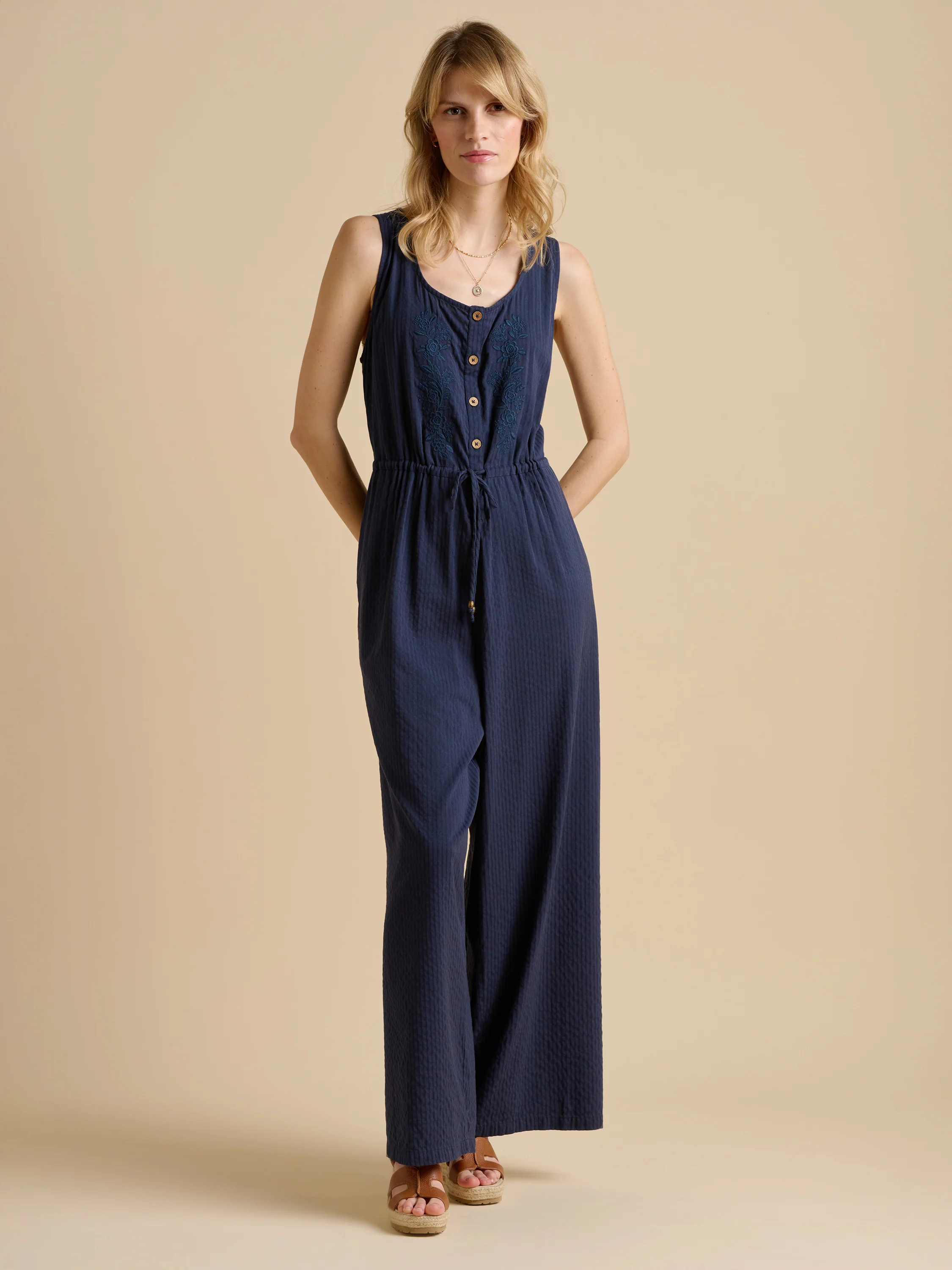 Embroidery Drawstring Tie Jumpsuit - Image 3