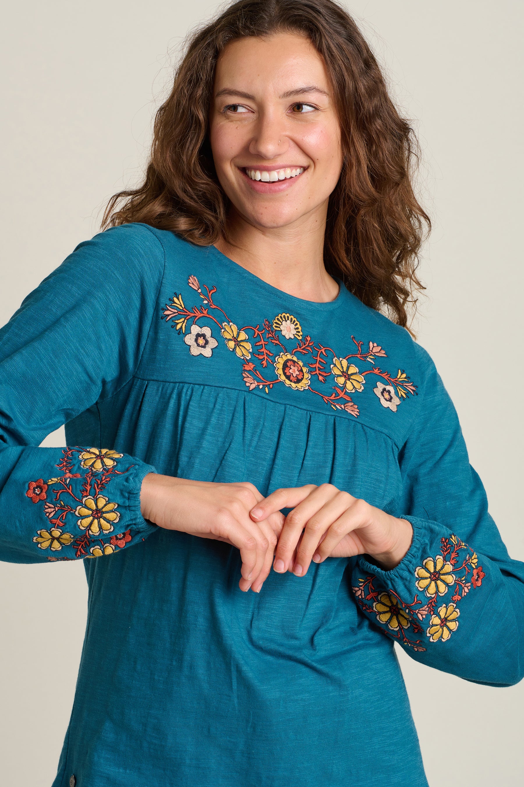Folk Floral  Embroidered Long Sleeve Tee - Image 2